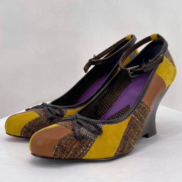 Kensie Shoes - Kensie yellow & brown patchwork wedges